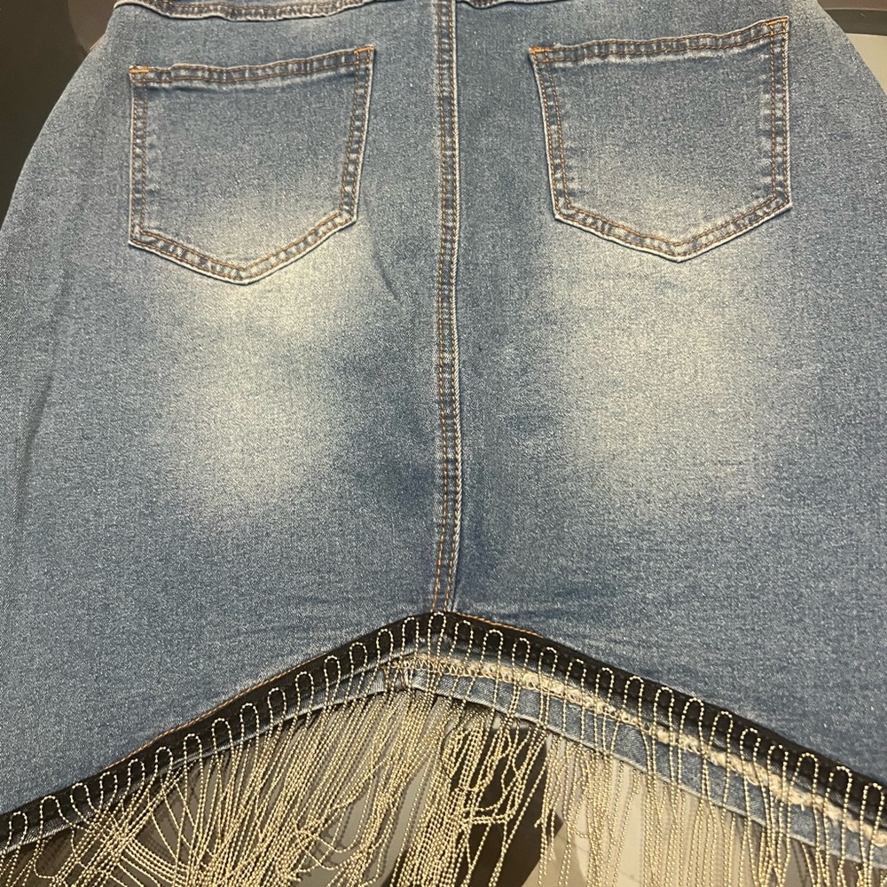 Hot & Delicious Blue Denim Asymmetrical Fringe Skirt